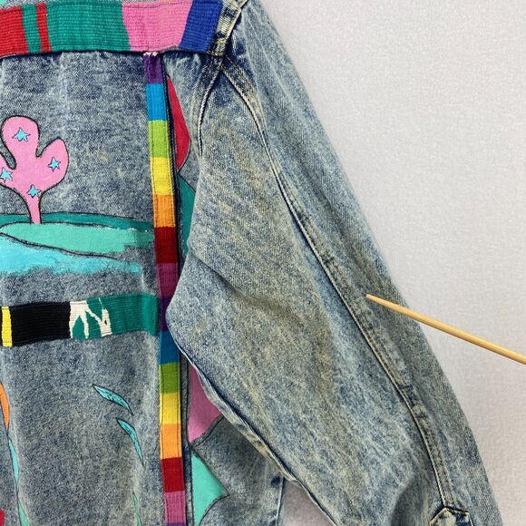 JD DESIGNWORKS Jacket Mens L Painted Applique Denim Trucker Button Up Blue VTG - Picture 15 of 16